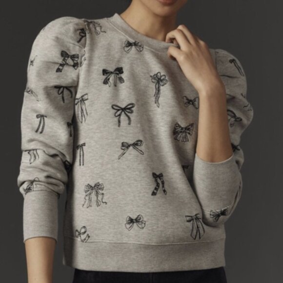 NWOT Maeve Anthropologie Gray Puff-Sleeve Bow Embroidered Sweatshirt - Size M - Picture 9 of 10
